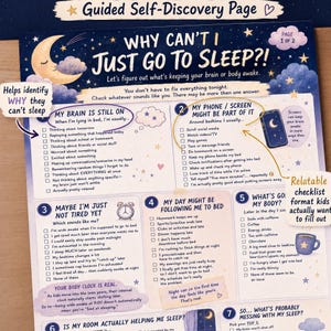 May include: A dark blue guided self-discovery page titled Why Can't I Just Go To Sleep with a moon and stars illustration. The document features numbered sections with checklists to identify sleep issues, including text about brain activity, screen time, body clock, and daily habits.
