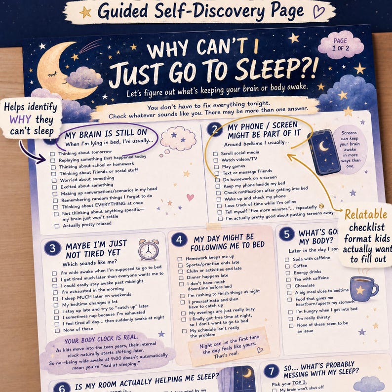 May include: A dark blue guided self-discovery page titled Why Can't I Just Go To Sleep with a moon and stars illustration. The document features numbered sections with checklists to identify sleep issues, including text about brain activity, screen time, body clock, and daily habits.