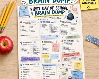 Può includere: Un foglio di lavoro stampabile First Day of School Brain Dump con sette sezioni numerate, liste di controllo, suggerimenti e illustrazioni di uno zaino, una mela e scarpe da ginnastica. Include caselle di testo, scarabocchi e note.
