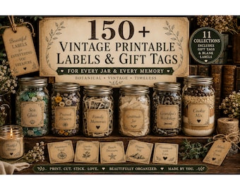 Può includere: Una collezione di oltre 150 etichette vintage stampabili e cartellini regalo con disegni botanici. Il set include varie etichette rettangolari applicate su barattoli di vetro riempiti con oggetti come vetro marino, fiori e preparato per biscotti.