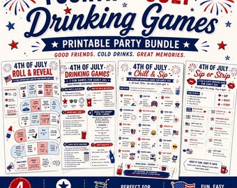 Pacchetto di giochi alcolici per il 4 luglio / 4 giochi stampabili per feste per adulti / Barbecue, giornata al lago, campeggio e fuochi d'artificio / PDF immediato