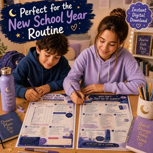 May include: Two printed activity sheets titled Build My Night Reset and Why Can't Just Go To Sleep, featuring dark blue and purple celestial designs with stars and moons, accompanied by a matching purple water bottle and a spiral-bound notebook.