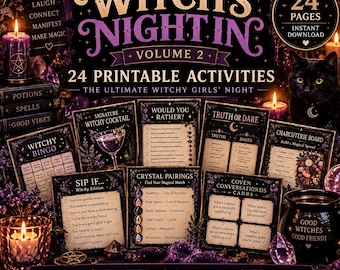 Può includere: Un set di attività stampabili intitolato Witch's Night In Volume 2, che include 24 pagine di giochi come Witchy Bingo, Would You Rather, Truth or Dare, Charcuterie Board, Sip If, Crystal Pairings e carte Coven Conversations.