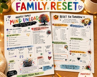 Può includere: Due fogli stampabili intitolati Nightly Family Mind Unload e Reset For Tomorrow. Le pagine presentano testo colorato, liste di controllo e illustrazioni di un albero, una lampadina e cuori per la riflessione e la pianificazione quotidiana.