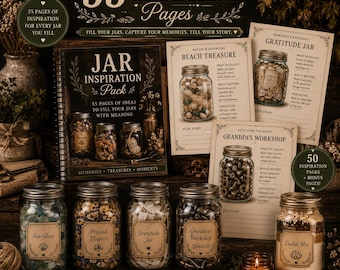 Può includere: Un pacchetto di ispirazione per barattoli stampabile con 55 pagine di idee per riempire barattoli. Il set include un libro a spirale, diversi fogli di istruzioni con temi come Beach Treasure e Gratitude Jar, e cinque barattoli di vetro etichettati.