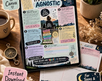 Può includere: Un tablet digitale che mostra un'infografica educativa intitolata It's Okay to Be Agnostic, con sezioni numerate, illustrazioni di una persona e un gatto, e testo sui sistemi di credenze, montagne e stelle.