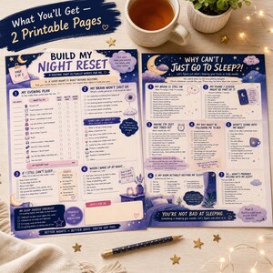 May include: Two printable pages titled Build My Night Reset and Why Can't I Just Go To Sleep. The sheets feature dark blue backgrounds with illustrations of moons, stars, and clouds, containing checklists and prompts for sleep routines.