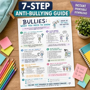 Peut inclure: Un guide anti-harcèlement en 7 étapes imprimé sur papier blanc, comprenant des textes éducatifs, des sections numérotées et des illustrations de personnages en bâtonnets. Le document propose des conseils pour identifier le harcèlement.