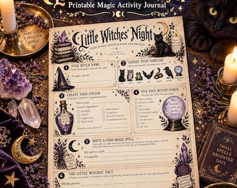 Può includere: Un diario di attività stampabile intitolato Little Witches' Night che include sezioni per nominare una strega, scegliere un famiglio, creare una pozione, scegliere un potere, scrivere un incantesimo e firmare un patto, decorato con illustrazioni di cristalli, un gatto e una luna.