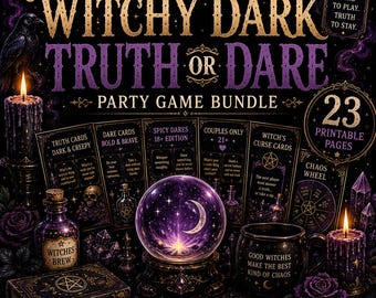 Può includere: Un set di gioco per feste Witchy Dark Truth or Dare con 23 pagine stampabili. Il design include una sfera di cristallo, un libro degli incantesimi, boccette di pozioni e candele. Il testo recita: Witchy Dark Truth or Dare, Party Game Bundle e Good Witches Make The Best Kind Of Chaos.