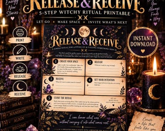 Può includere: Una guida rituale stampabile in 5 passaggi intitolata Release & Receive con un tema celeste scuro, fasi lunari, testo dorato e accenti floreali. Il documento include sezioni per creare spazio, rilasciare, ricevere, impostare intenzioni e chiudere.