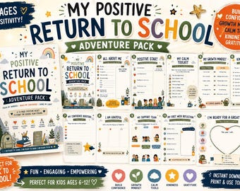 Può includere: Un pacchetto avventura di 12 pagine con rilegatura a spirale intitolato My Positive Return to School che include fogli di lavoro educativi. Le pagine includono sezioni intitolate All About Me, Positive Start, My Calm Toolkit, Growth Mindset, Kindness Counts e My First Week Reflection.