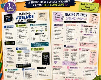 May include: Two printable educational guides titled Making Friends Starts Here, featuring numbered steps, checklists, and advice for social interaction. The documents use black text on white backgrounds with colorful accents, icons, and handwritten-style notes.