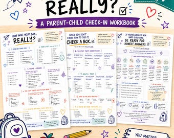 May include: A parent-child check-in workbook titled How Was Your Day... Really? featuring three printed pages with prompts, checkboxes, and illustrations of a backpack, apple, and pencils. The text includes sections on feelings, friends, and trust.