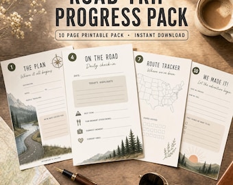 Può includere: Un pacchetto stampabile di 10 pagine Road Trip Progress Pack con quattro fogli intitolati The Plan, On The Road, Route Tracker e We Made It. Le pagine includono sezioni per i dettagli del viaggio, i momenti salienti giornalieri e liste.