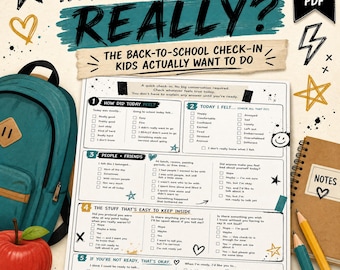 Può includere: Un foglio di controllo PDF stampabile intitolato How Was Your Day... Really? The Back-to-School Check-in Kids Actually Want To Do. Il documento presenta cinque sezioni numerate con caselle di controllo per consentire ai bambini di esprimere le esperienze.