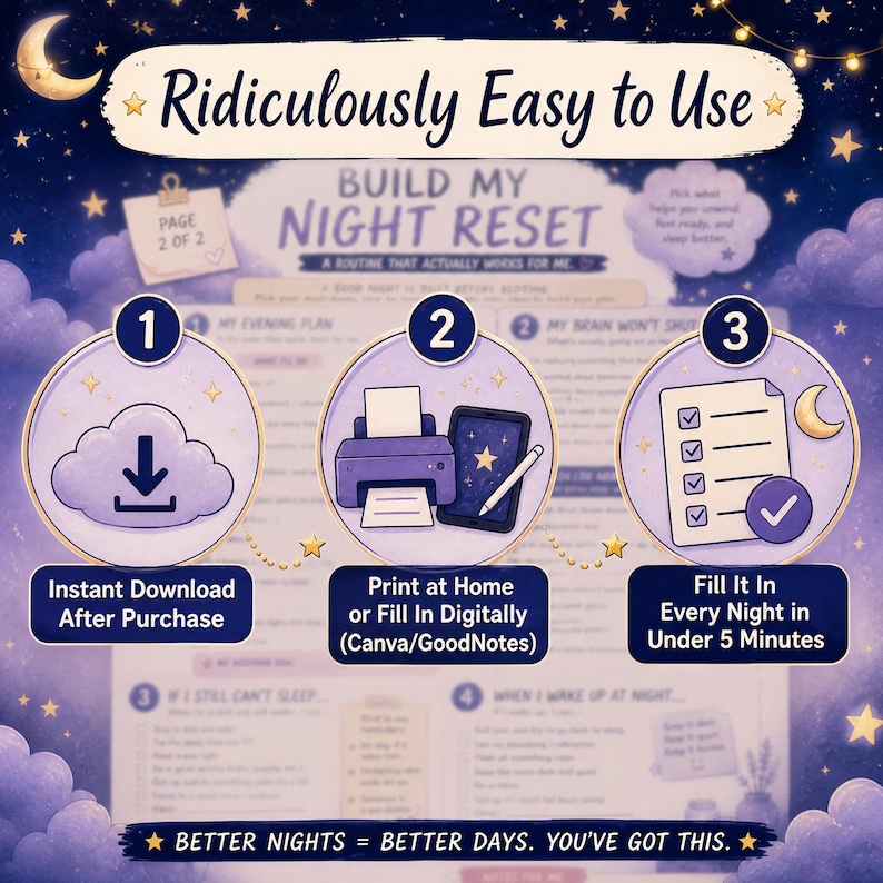 May include: A digital night routine planner titled Build My Night Reset with a dark blue starry background. It features three steps: 1. Instant Download After Purchase, 2. Print at Home or Fill In Digitally, and 3. Fill It In Every Night in Under 5 Minutes.