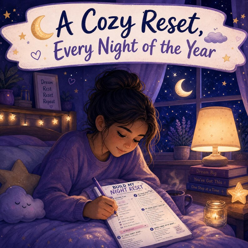 May include: A digital illustration featuring a person writing in a planner titled Build My Night Reset while sitting in bed. The scene includes a lamp, books, and a candle, with a banner at the top reading A Cozy Reset, Every Night of the Year.