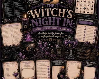 Può includere: Un kit per feste stampabile intitolato The Witch's Night In, che include 18 pagine di giochi come Witchy Bingo, Coven Charades e Truth or Dare. Il design presenta illustrazioni di un gatto nero, un calderone, cristalli, candele e pozioni.