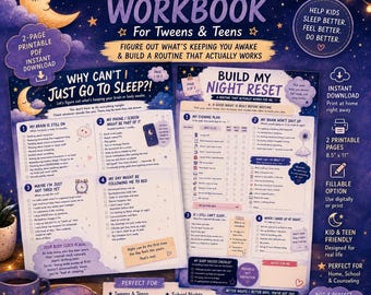 Può includere: Un quaderno di esercizi stampabile di due pagine per preadolescenti e adolescenti su uno sfondo blu stellato. Le pagine contengono liste di controllo e suggerimenti per creare una routine del sonno, inclusi i titoli Why Can't I Just Go To Sleep e Build My Night Reset.