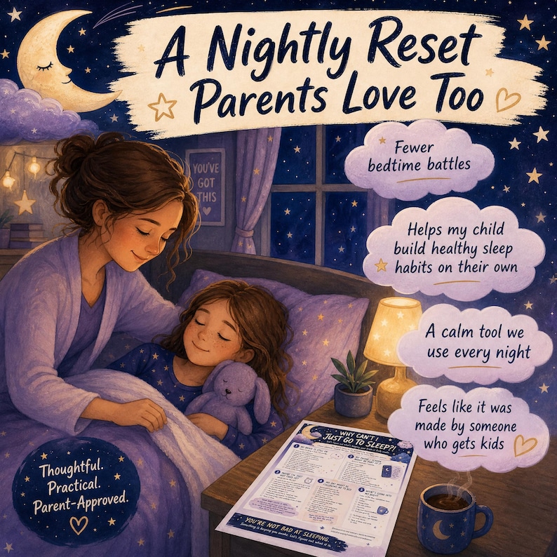 May include: An illustration of a parent tucking a child into bed with a purple blanket and a plush toy. Text reads: A Nightly Reset Parents Love Too, Fewer bedtime battles, Helps my child build healthy sleep habits on their own, A calm tool we use every night, Feels like it was made by someone who gets kids, Thoughtful. Practical. Parent-Approved., Why Can't I Just Go To Sleep?!, You're Not Bad At Sleeping.