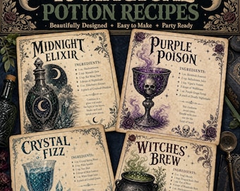 Può includere: Una collezione di quattro cartoncini rettangolari intitolati 10 Magical Potion Recipes, con illustrazioni di una boccetta, un calice con teschio, un bicchiere di cristallo e un calderone, ciascuno con ingredienti e istruzioni in nero.