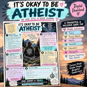 Può includere: Un poster educativo in download digitale intitolato It's Okay To Be Atheist, No God. Still A Good Human. Il poster presenta sei sezioni numerate con testo, un'illustrazione centrale di una persona e un gatto che guardano le montagne e un elenco.