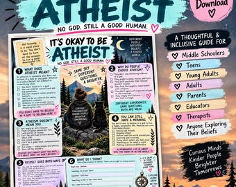 Può includere: Un poster educativo in download digitale intitolato It's Okay To Be Atheist, No God. Still A Good Human. Il poster presenta sei sezioni numerate con testo, un'illustrazione centrale di una persona e un gatto che guardano le montagne e un elenco.