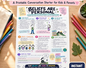 Può includere: Un poster educativo stampabile intitolato Beliefs Are Personal, che presenta sette sezioni numerate con testo e illustrazioni sull'esplorazione della religione e dei valori. Il documento include spunti di riflessione, icone colorate e una guida per genitori.