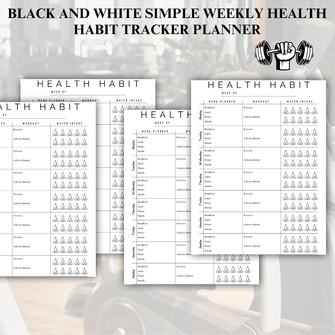 Black White Weekly Health Habit Tracker Planner, Printable Planner ...