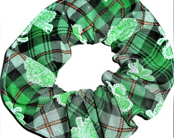 St Patrick's  Day Fabric Hair Scrunchies by Sherry Green Plaid White Patchwork