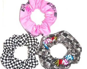 Checkered Flag Racing Fabric Hair Scrunchie Scrunchies by Sherry NASCAR Ponytail Holders Pink Black White