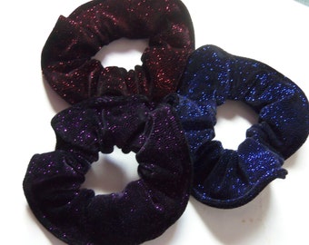 Blue Red Purple Bejeweled Velvet Glitter Super Sparkle Fabric Hair Scrunchies by Sherry