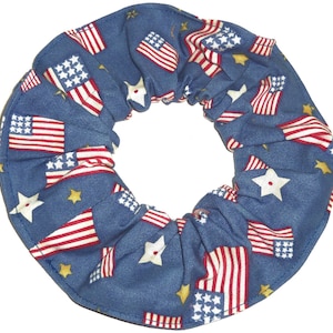 Stars Stripes Red White Blue Flags Fabric Hair Scrunchie Ponytail Holders Ties Scrunchies by Sherry July 4th Memorial Day Holiday Denim Blue Flags