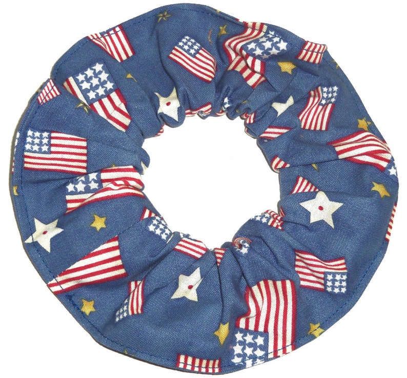 Stars Stripes Red White Blue Flags Fabric Hair Scrunchie Ponytail Holders Ties Scrunchies by Sherry July 4th Memorial Day Holiday Denim Blue Flags