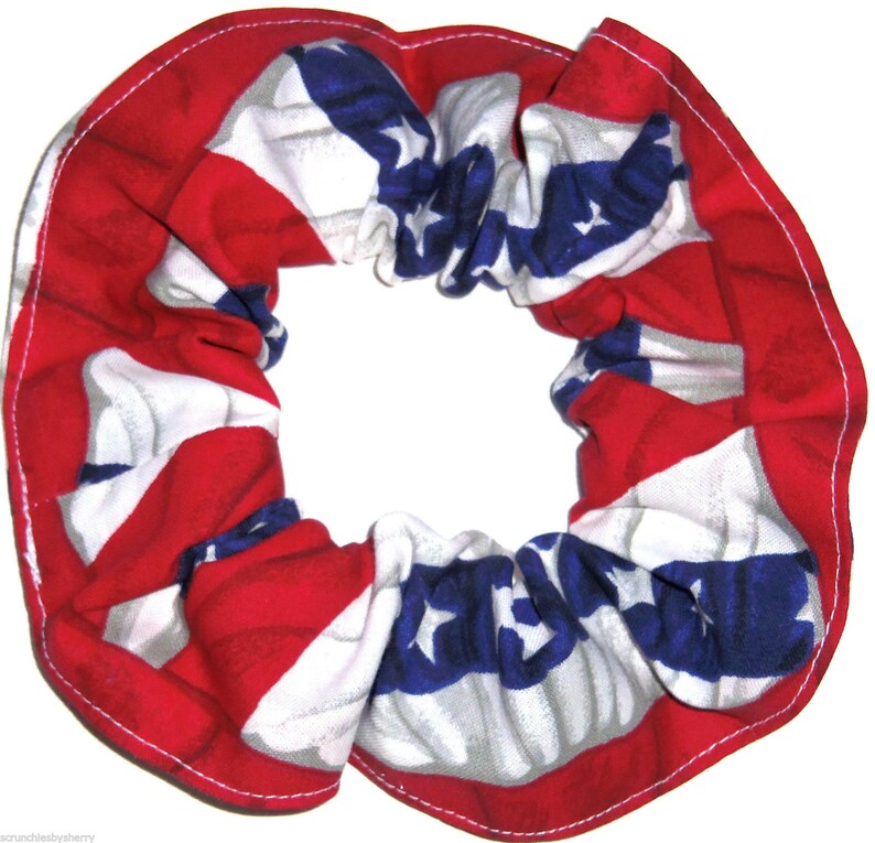 Stars Stripes Red White Blue Flags Fabric Hair Scrunchie Ponytail Holders Ties Scrunchies by Sherry July 4th Memorial Day Holiday Flag Banners