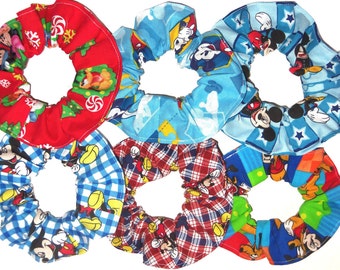 Disney Hair Scrunchie Mickey Mouse Pluto Goofy Donald Duck Patchwork Plaid Blue Fabric Scrunchies by Sherry