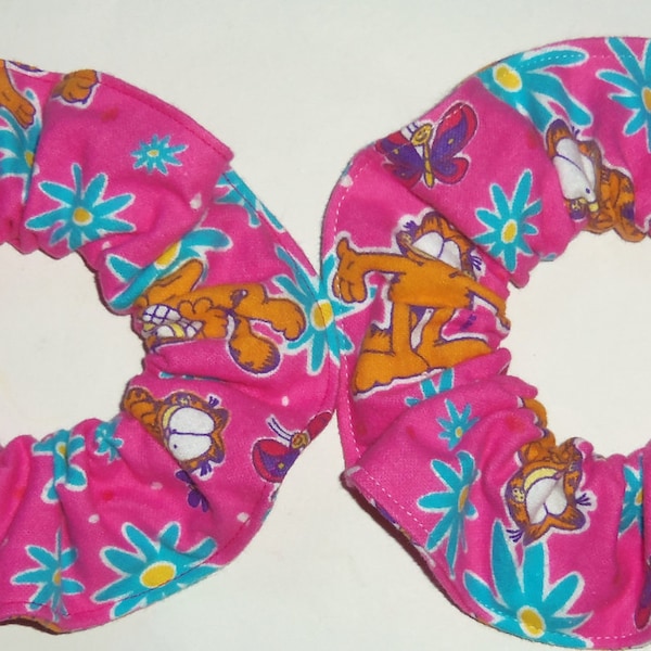 Garfield the Cat Hair Scrunchie PInk Flannel Fabric Scrunchies by Sherry Ponytail Holders Ties