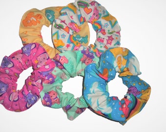 Care Bears Hair Scrunchie Scrunchies by Sherry Ties Pink Blue Green White Yellow Fabric Ponytail Holders