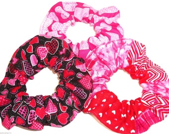 Valentines Day Fabric Hair Scrunchies by Sherry Pink Hearts Red Black Ties