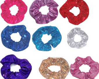 Metallic Hair Scrunchie Dancewear Swimwear Spandex Fabric Scrunchies by Sherry Silver Pink Purple Blue Red Gold Teal