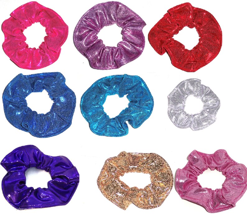 Metallic Hair Scrunchie Dancewear Swimwear Spandex Fabric Scrunchies by Sherry Silver Pink Purple Blue Red Gold Teal Set of 9