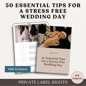 Könnte beinhalten: Ein druckbarer Leitfaden mit 50 wichtigen Tipps für einen stressfreien Hochzeitstag. Der Leitfaden zeigt ein Paar, das sich die Hände hält, und einen Ehering. Der Text "Edit in Canva" ist auf dem Leitfaden sichtbar.