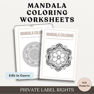 May include: Two black and white mandala coloring pages with the text "MANDALA COLORING" and "Edit in Canva".