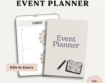 May include: A digital template for an event planner, shown on a tablet screen. The template includes a seating chart for 12 guests and a section for notes. The text "Edit in Canva" is visible on the screen. The image also includes a separate image of a closed notebook with a pencil, and the text "Event Planner" in a purple font.