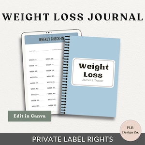Puede incluir: Un diario de pérdida de peso imprimible azul y blanco con encuadernación en espiral. La portada tiene el texto "Weight Loss Journal & Tracker" en un rectángulo marrón. El texto "Edit in Canva" está en un rectángulo verde en la parte inferior de la imagen. El texto "PLR Design Co." está en un círculo rosa en la parte inferior derecha de la imagen. El texto "PRIVATE LABEL RIGHTS" está en la parte inferior de la imagen.