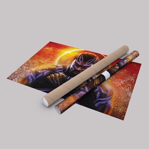 May include: A poster featuring a digital illustration of Black Panther in a heroic pose. The background is a fiery orange and yellow with a halo of light around his head.