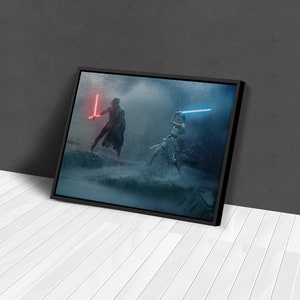 May include: Framed artwork depicting a scene from a science fiction movie. Two figures are engaged in a lightsaber duel, one with a red lightsaber and the other with a blue lightsaber. The background is a stormy, water-filled environment.