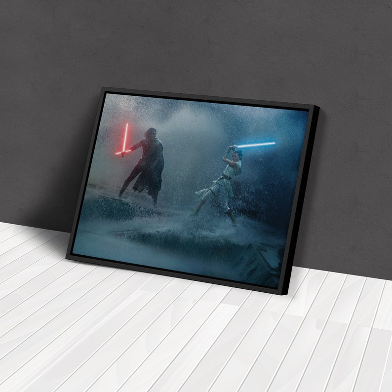 May include: Framed artwork depicting a scene from a science fiction movie. Two figures are engaged in a lightsaber duel, one with a red lightsaber and the other with a blue lightsaber. The background is a stormy, water-filled environment.