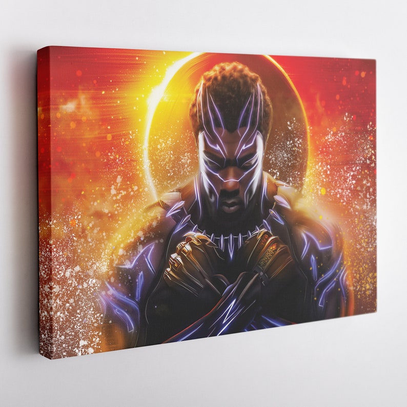 May include: A digital painting of Black Panther, a superhero from Marvel Comics. He is wearing his signature black suit with a purple glow. He is standing in front of a bright orange and yellow background with a large, glowing ring around him.